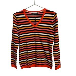 Tommy Hilfiger Womens V-Neck Striped Cotton Knit Sweater Orange Pink Navy S/P
